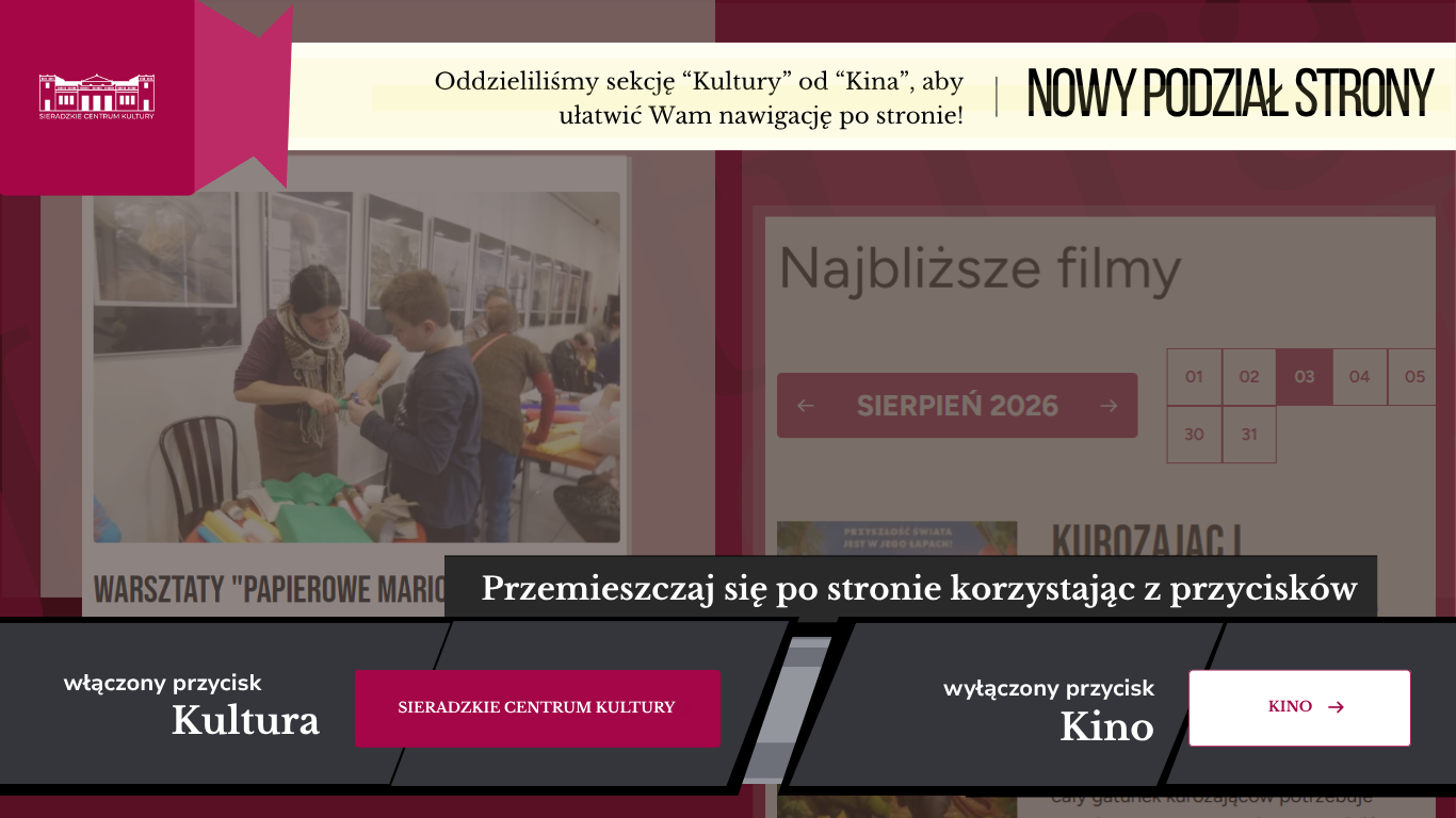 Powitalna grafika promująca nową witrynę Sieradzkiego Centrum Kultury